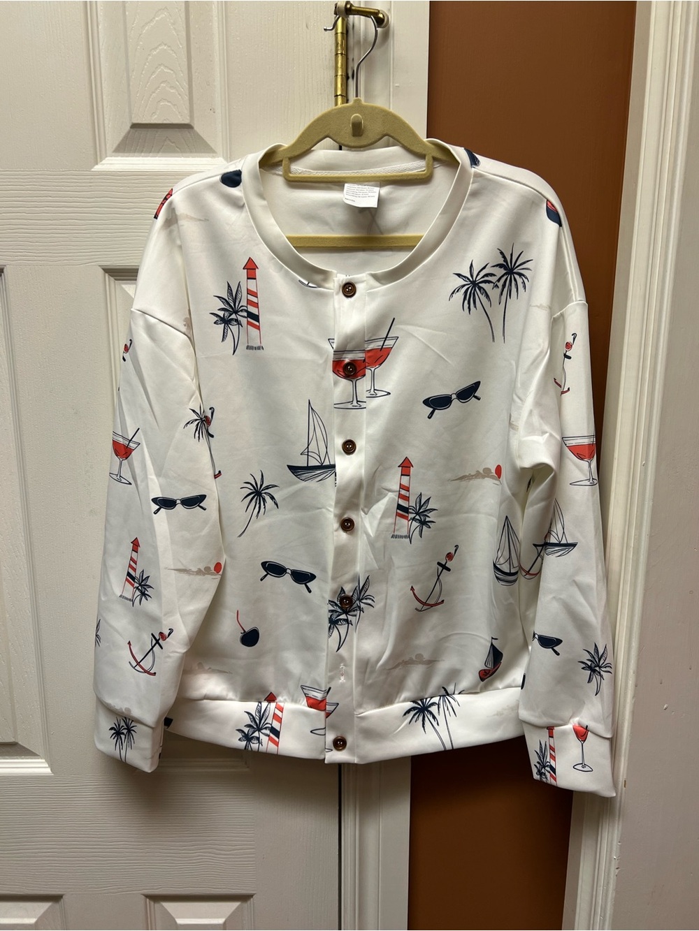 Women’s White Nautical Print Button-Front Jacket